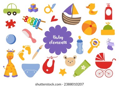 A set for newborns with cartoon elements in a flat design. A set of children's toys, clothes, care products and other decorative stickers. Vector illustration