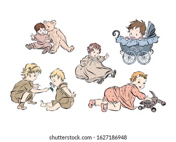 Set with newborns in vintage style. Baby in a stroller. Twins play. Hand drawn kids from the nineteenth century. 