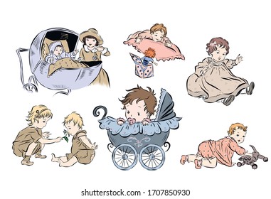 Set with newborns in vintage style. Baby in a stroller. Twins play. Hand drawn kids from the nineteenth century. 