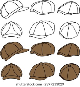 Set of newcap boys hat line art drawing