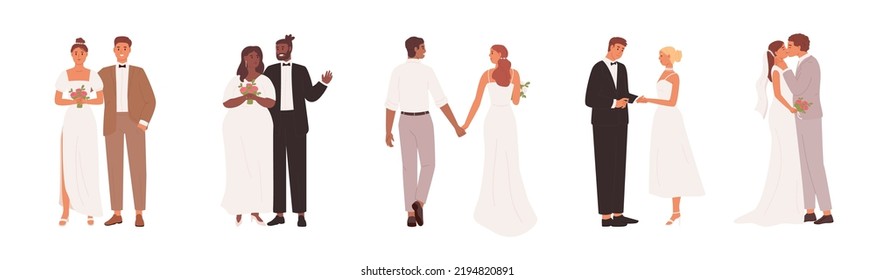 Conjunto de recién casados. Hombre y mujer con ropa festiva con flores y anillos. Boda, día de matrimonio. Las novias y los novios de diferentes tipos de raza y cuerpo.