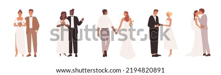 Set of newlyweds. Man and woman in festive clothes with flowers and rings. Wedding, marriage day. Brides amd grooms of different race and body types.