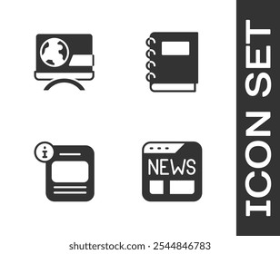 Set News, Breaking news, Information und Notebook Symbol. Vektorgrafik