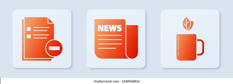 Set News, Document with minus and Cup of tea and leaf. White square button. Vector