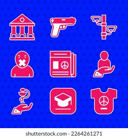 Set News, Graduation cap, Peace, Life insurance in hand, Caduceus snake medical, Censor freedom of speech, Security camera and Courthouse building icon. Vector