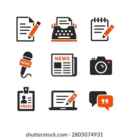 A set of news icons including documents, microphone, and camera on white background with perfect lighting and vibrant natural atmosphere.