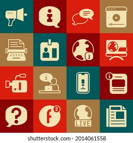 Set News, Information, Breaking news, Speech bubble chat, Journalist id card, Retro typewriter, Megaphone and World icon. Vector