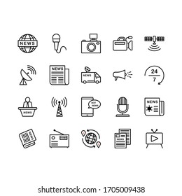 Set of news, journalism, media icons including newspaper, tv, microphone, camera, breaking news, article, broadcasting. Editable stroke