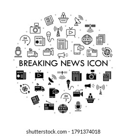 Set of news, journalism, media icons including newspaper, microphone, camera, breaking news, article broadcasting