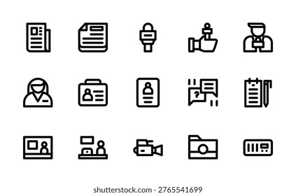 Set of news line icons featuring newspaper, microphone, camera, broadcast, and journalism symbols for web, app, print, and editorial design.