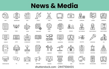 Set of news and media icons. Linear style icon bundle. Vector Illustration