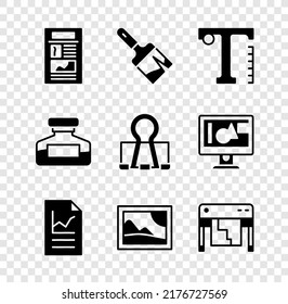 Set News, Paint Brush, Text, Document With Graph Chart, Picture Landscape, Plotter, Ink Bottle And Binder Clip Icon. Vector