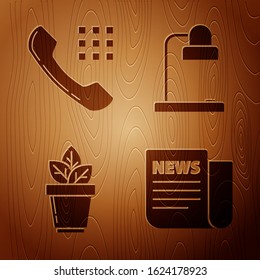 Set News, Telephone handset, Flowers in pot and Table lamp on wooden background. Vector