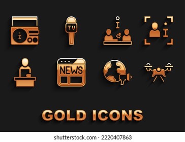 Set News, Television report, Drone, World news, Breaking, Interview, radio channel and Microphone icon. Vector