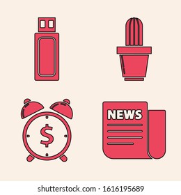 Set News, USB flash drive, Cactus and succulent in pot and Alarm clock with dollar symbol icon. Vector