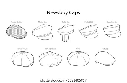 Set of Newsboy Style Caps with names - Peaked Marine Ascot Ivy Baker, Boy Flat Tam o Shanter, Paperboy Gatsby Hat Fashion accessory technical illustration. Vector flat template mockup sketch isolated