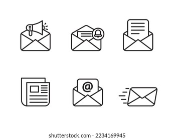 Set of newsletter icons with liner style and black color isolated on white background