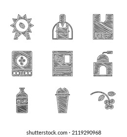 Set Newspaper and coffee, Milkshake, Coffee bean, branch, Manual grinder, Bottle with milk, Electronic scales, Bag beans and Medal for icon. Vector