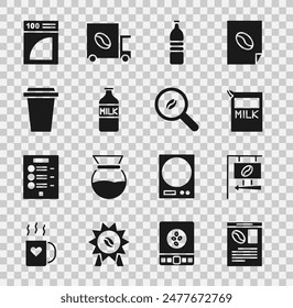 Set Newspaper and coffee, Street signboard, Paper package for milk, Bottle water, with, Coffee cup to go, filter and Selection beans icon. Vector