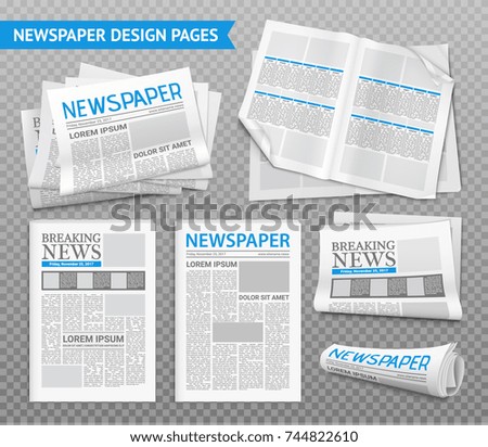 Set of newspaper design pages with breaking news on transparent background isolated realistic vector illustration