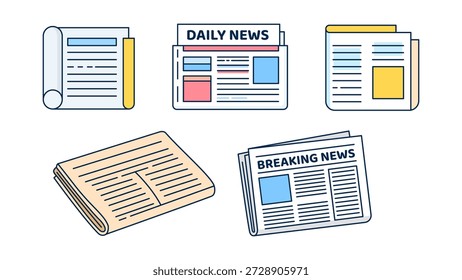 Conjunto de ícones de jornais em estilo plano, imprensa diária dobrada e enrolada com manchetes, blocos coloridos e layout de notícias de última hora, ilustração vetorial para mídia, jornalismo, aplicativo de notícias ou design de comunicação
