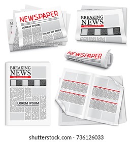 Set of newspaper icons on white background with headlines and text articles on breaking news theme isolated realistic vector illustration