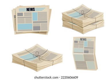 Set Newspaper pile, stack of magazine with rope in cartoon style isolated on white background. 