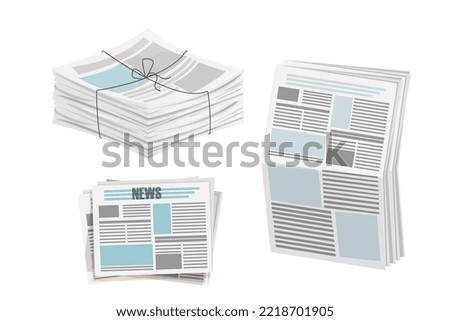 Set Newspaper pile, stack of magazine with rope in cartoon style isolated on white background. 