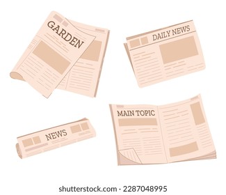 Set of newspapers isolated on white background. Modern news publications. Newspapers folded in half, open newspaper.