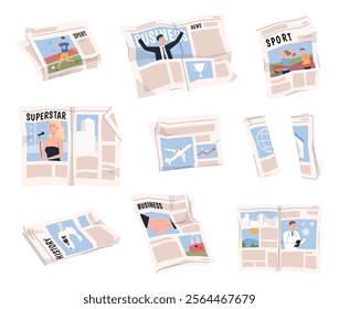 Set of newspapers. Paper edition with news. Weekly media publications. Vector illustrations