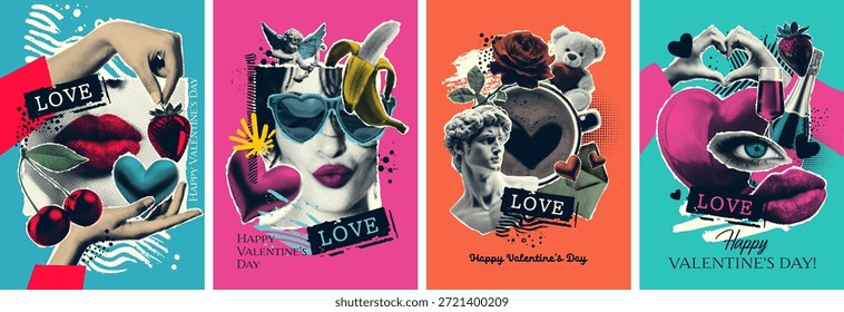 Set of newspapers posters, stickers in halftone tones, on the theme of love, parties, Valentine's day. Statue, lips, hands, heart, rose, fruit, kiss, gifts, coffee, cupid. Vector illustration.