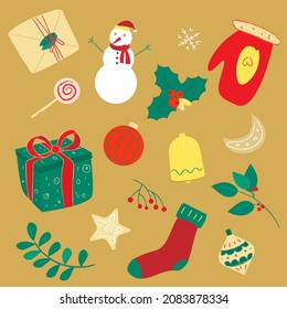 Set of new-year, christmas elements. Vectorial festive set with a snow man, gift, thin captain, berries, fir-tree toys, bluebell

