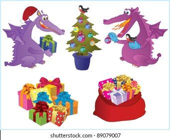 Set of new-year images. Two cute dragons decorate a fir-tree. Presents. Sack with presents