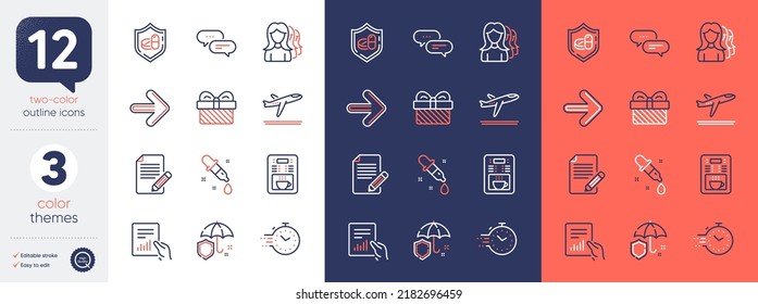 Set of Next, Departure plane and Timer line icons. Include Document, Article, Umbrella icons. Coffee maker, Gift, Women headhunting web elements. Chemistry pipette, Medical tablet. Vector