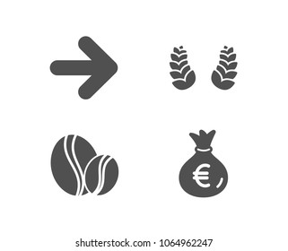 Set of Next, Laurel wreath and Coffee beans icons. Money bag sign. Forward, Laureate reward, Whole bean. Euro currency.  Quality design elements. Classic style. Vector