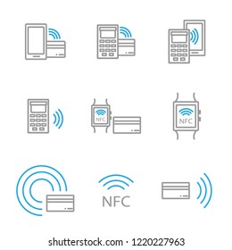 set of nfc icons featuring smartphone and bank payment card, smart clock in gray and blue, showing the possibility of communication nfc