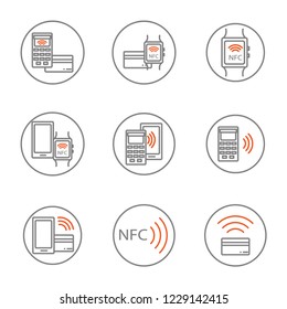 set of nfc icons featuring smartphone and bank payment card, smart clock in round, showing the possibility of communication nfc