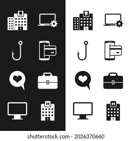 Set NFC Payment, Fishing hook, Dental clinic, Laptop and gear, Heart speech bubble and Toolbox icon. Vector