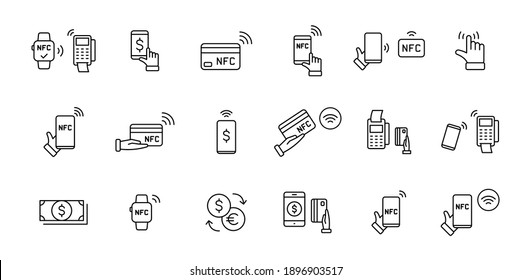 Set of NFC payment linear icons. Pay pass. Wireless pay. Nfc card payment. NFC technology. Customer is paying. Vector illustration.