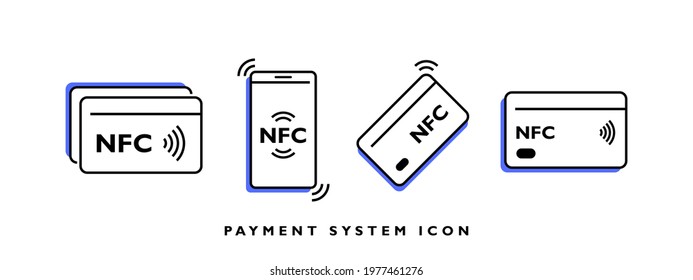 Set of NFC wireless payment linear icons. Tap to pay with credit card. Smart NFC technology for fast payment. Vector illustration.