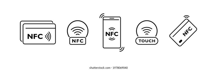 Set of NFC wireless payment linear icons. Tap to pay with credit card. Smart NFC technology for fast payment. Vector illustration.
