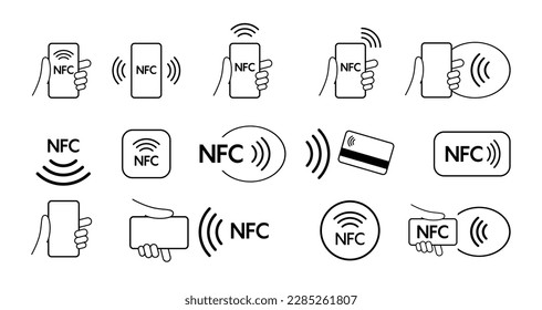 Set NFC wireless payment technology icon, contactless payment, credit card tap pay wave logo, near field communication sign, contactless pay pass fast payment symbol, smart key card contact nfc. Vecto svg