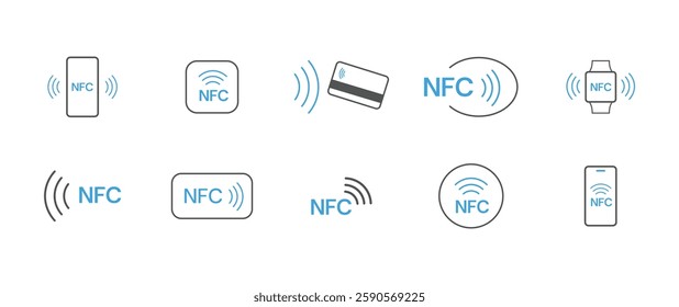 Set NFC wireless payment technology icon, contactless payment, credit card tap pay wave logo, near field communication sign, contactless pay pass fast payment symbol, smart key card contact nfc. 