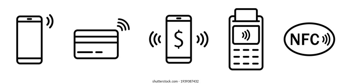 Conjunto de pagos inalámbricos NFC con tarjeta, teléfono, iconos de vigilancia en estilo de línea