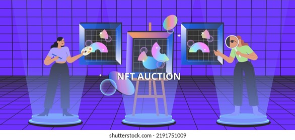 Set Of NFT Auction. Flat Vector Illustration With Women At The Virtual Gallery Buying Or Selling Digital Art. Concept Of Metaverse.