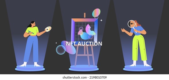 Set Of NFT Auction. Flat Vector Illustration With Women At The Virtual Gallery Buying Or Selling Digital Art. Concept Of Metaverse.