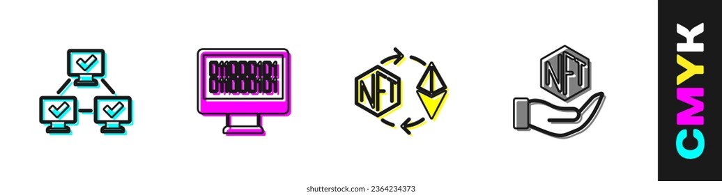 Set NFT blockchain technology, Binary code, Ethereum exchange and Digital crypto art icon. Vector