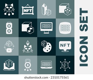 Set NFT blockchain technology, Digital crypto art, Binary code, Video graphic card,  and  icon. Vector