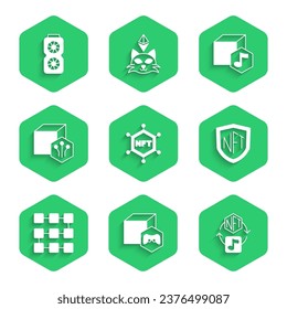 Set NFT blockchain technology, Digital crypto art, shield,  and Video graphic card icon. Vector