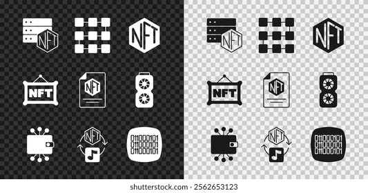 Set NFT blockchain technology, Digital crypto art, Cryptocurrency wallet, Binary code,  and contract icon. Vector